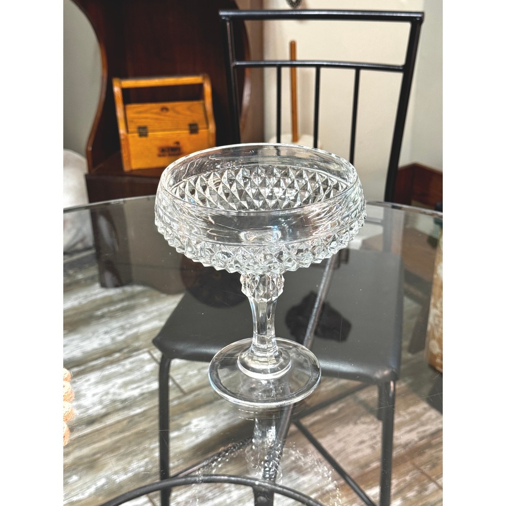 Vintage Indiana Glass Co Clear Diamond Point Pedestal Compote Bowl 1960s 1970s